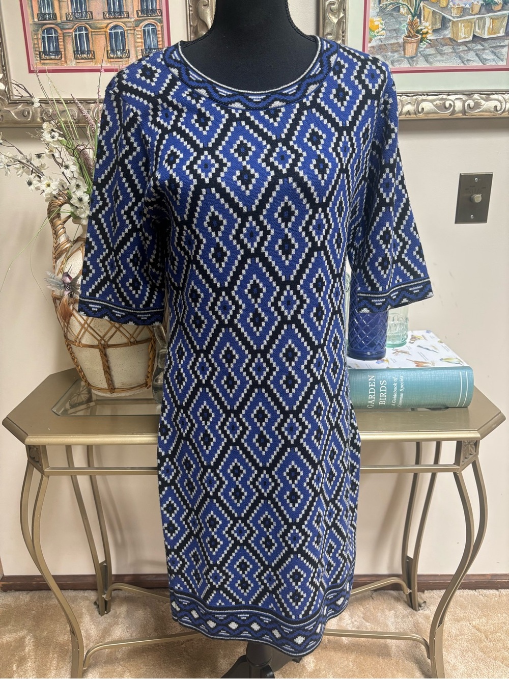 Beige by eci Blue and Black Geometric Knit Midi Sweater Sheath Dress Size Large